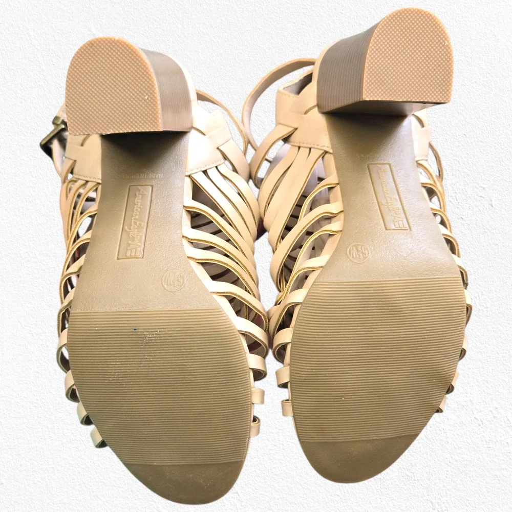 American Eagle Nude Gladiator Block Heel Sandals Size 5.5W – Strappy Caged Heels